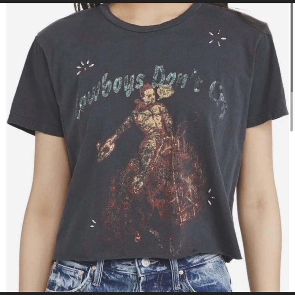 MOTHER Jeans Cowboys Don’t Cry  Faded Crop Tee